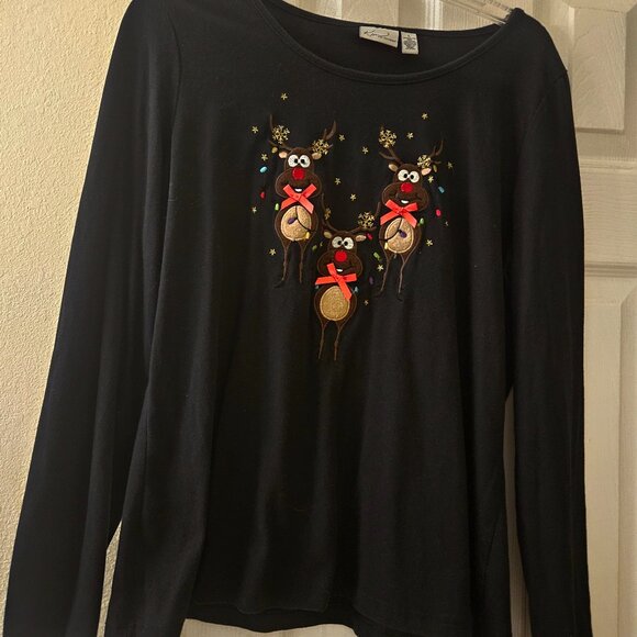 Long sleeve black christmas holiday novelty top three cute reindeer red bows L - Picture 2 of 8
